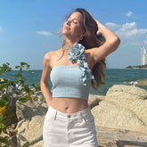 Ribbed 3D Flower Lettuce Detail Crop Top - Baby Blue