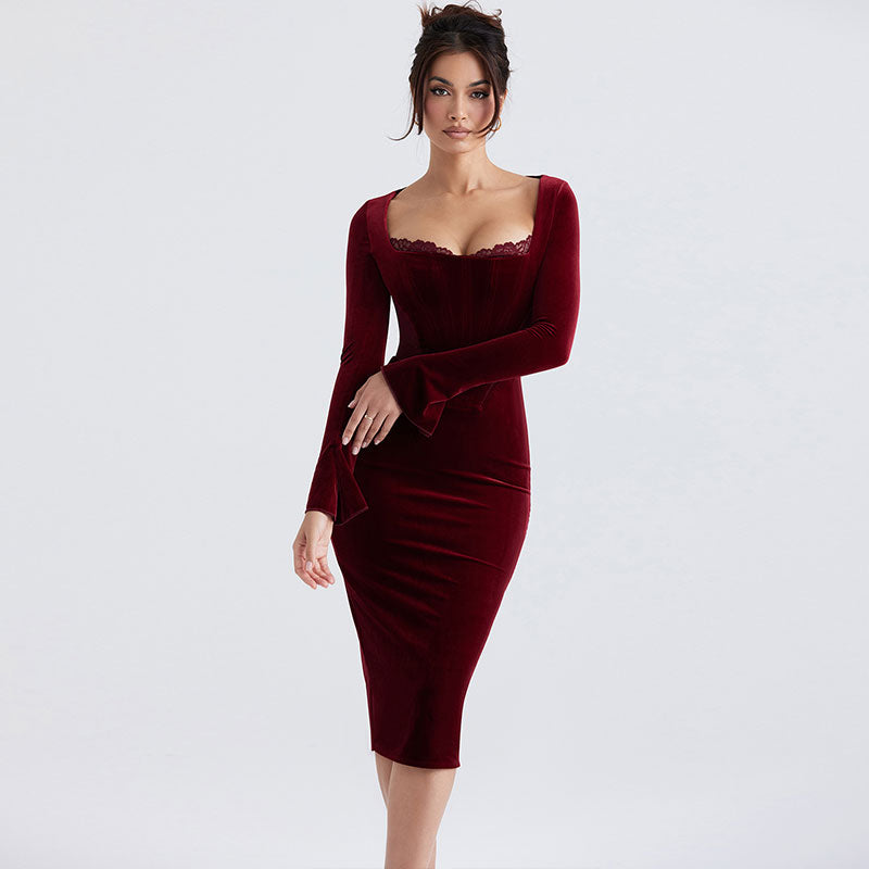 Velvet Long Sleeve Lace Trim Mesh Panel Corset Bodycon Midi Dress - Bu Fiel Shop Velvet Long Sleeve Lace Trim Mesh Panel Corset Bodycon Midi Dress - Bu Fiel Shop