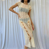 Sheer Lace Pattern Crew Neck Cap Sleeve Bow Vacation Midi Dress - Apricot