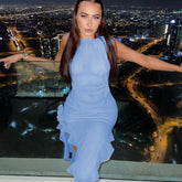 3D Flower Ruffle Trim Sleeveless Club Dress - Blue