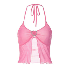 Solid Color Crystal Heart Split Detail Halter Crop Top - Pink