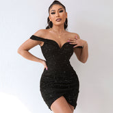 Ruched Wrap Trim Off Shoulder Bodycon Party Mini Dress - Black