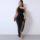 One Shoulder Gown Maxi Dress - Black