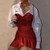 Ruffled Ruched Bodycon Club Mini Dress - Red