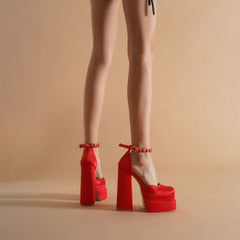 Crystal Satin Square Toe Chunky Platform Pumps - Red