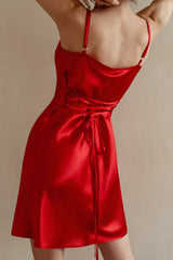 Silky Satin Cowl Neck Spaghetti Strap Lace Up Back Slip Mini Sundress - Red