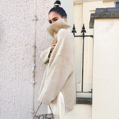 Rib Split Hem Turtleneck Pullover Sweater - Khaki