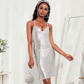 Sparkling Sleeveless Crisscross Open Back Chainmail Party Mini Dress - Silver
