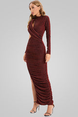 Sparkly Long Sleeve Ruched Cutout Split Formal Maxi Dress - Burgundy