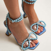 Pearl Strap Unique High Heels Butterfly Sandals - Blue