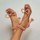 Pearl Strap Unique High Heels Butterfly Sandals - Pink