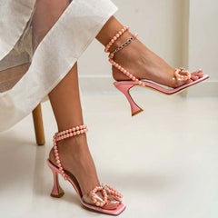 Pearl Strap Unique High Heels Butterfly Sandals - Pink