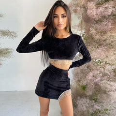 Rhinestone Fringe Cut Out Velvet Crop Skirt Matching Set - Black