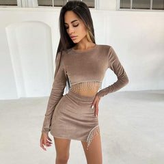 Rhinestone Fringe Cut Out Velvet Crop Skirt Matching Set - Khaki