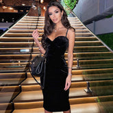 Rhinestone Sweetheart Neck Cocktail Midi Dress - Black