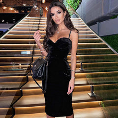 Rhinestone Sweetheart Neck Cocktail Midi Dress - Black