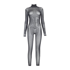 Trimmed High Neck Long Sleeve Mesh Sheer Jumpsuit - Black