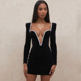 Rhinestone V Neck Long Sleeve Velvet Party Mini Dress - Black