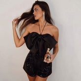 Sequin Bow Embellished Halter Neck Party Romper - Black