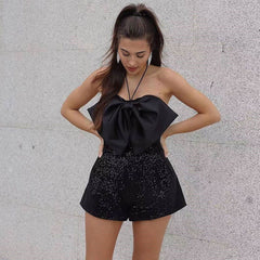 Sequin Bow Embellished Halter Neck Party Romper - Black