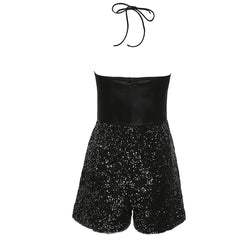 Sequin Bow Embellished Halter Neck Party Romper - Black