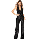 Sequin Halter Cowl Neck Wide Leg Backless Jumpsuit - Black