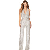 Sequin Halter Cowl Neck Wide Leg Backless Jumpsuit - Silver