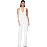 Sequin Halter Cowl Neck Wide Leg Backless Jumpsuit - White