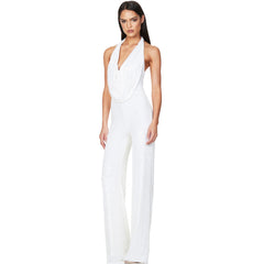 Sequin Halter Cowl Neck Wide Leg Backless Jumpsuit - White