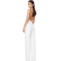 Sequin Halter Cowl Neck Wide Leg Backless Jumpsuit - White