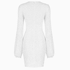 Sequin Lacy Long Sleeve Party Mini Dress - White