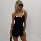 Trim Spaghetti Strap Mini Dress - Black