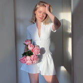 Ruffle Leg Short Sleeve Mock Neck Zip Up Romper - White