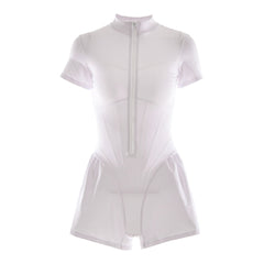 Ruffle Leg Short Sleeve Mock Neck Zip Up Romper - White