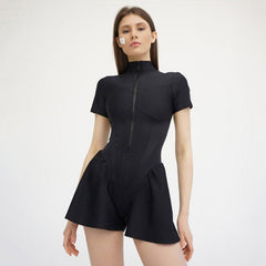 Ruffle Leg Short Sleeve Mock Neck Zip Up Romper - Black