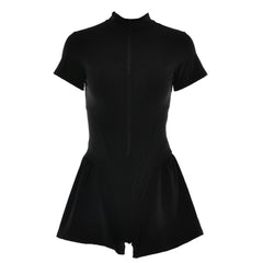 Ruffle Leg Short Sleeve Mock Neck Zip Up Romper - Black