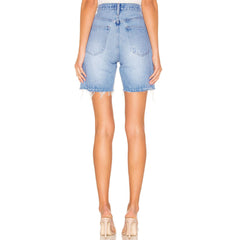 High Waist Frayed Bermuda Denim Shorts - Blue