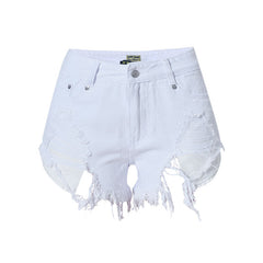 High Waist Frayed Distressed Denim Shorts - White