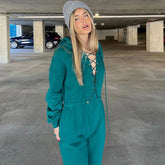 Lace Up Hooded Drop Shoulder Long Sleeve Jumpsuit - Turquoise