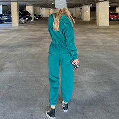 Lace Up Hooded Drop Shoulder Long Sleeve Jumpsuit - Turquoise