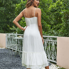 Ruffle Hem Lace Trim Sleeveless Midi Dress - White