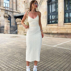 Textured Split Trim Low Back Sleeveless Halter Midi Dress - White