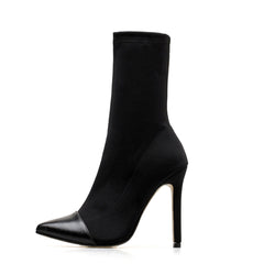 Solid Color Pointed Toe High Heeled Ankle Boots - Black