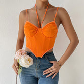 Halter Bustier Curved Sleeveless Mesh Crop Corset Top - Burnt Orange