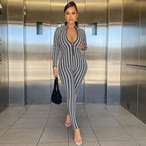 Houndstooth Printed Zipper Front Long Sleeve Jumpsuit - Black