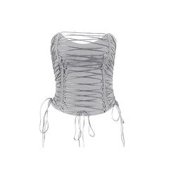 Lace Up Sweetheart Neck Sleeveless Tube Crop Top - Gray