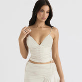 Lace Up Vegan Leather Deep V Tank Crop Top - Ivory