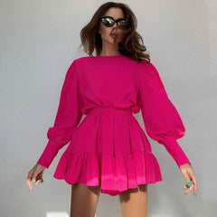 Puff Sleeve Gathered Waist Ruffle Smock Mini Dress - Hot Pink