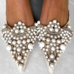 White Pearl Jeweled Lace Satin Heels