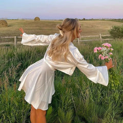 Paradise City Button Front Satin Blouse & Self Belted Skirt Set